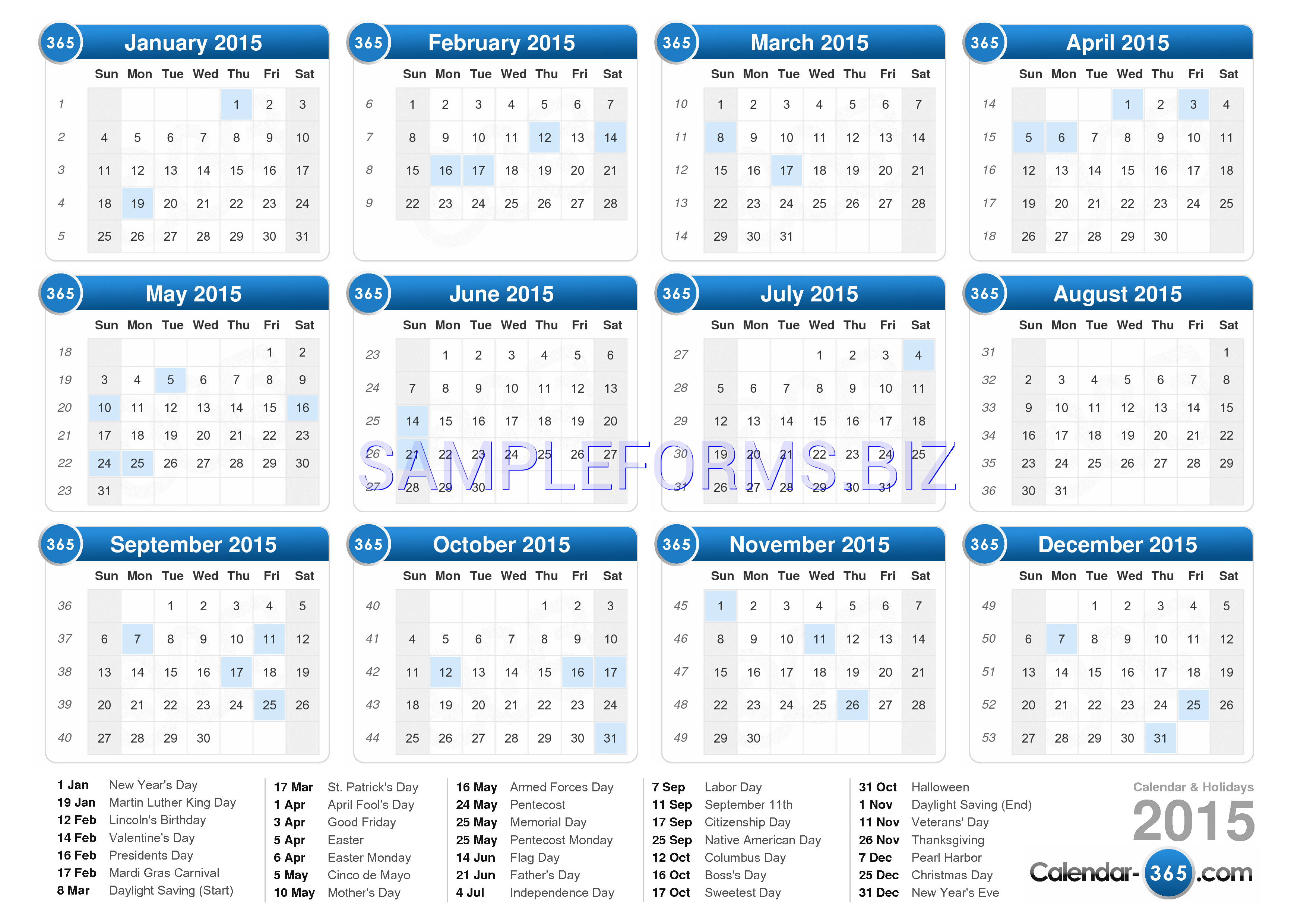 Preview free downloadable 2015 Yearly Calendar in PDF (page 1)